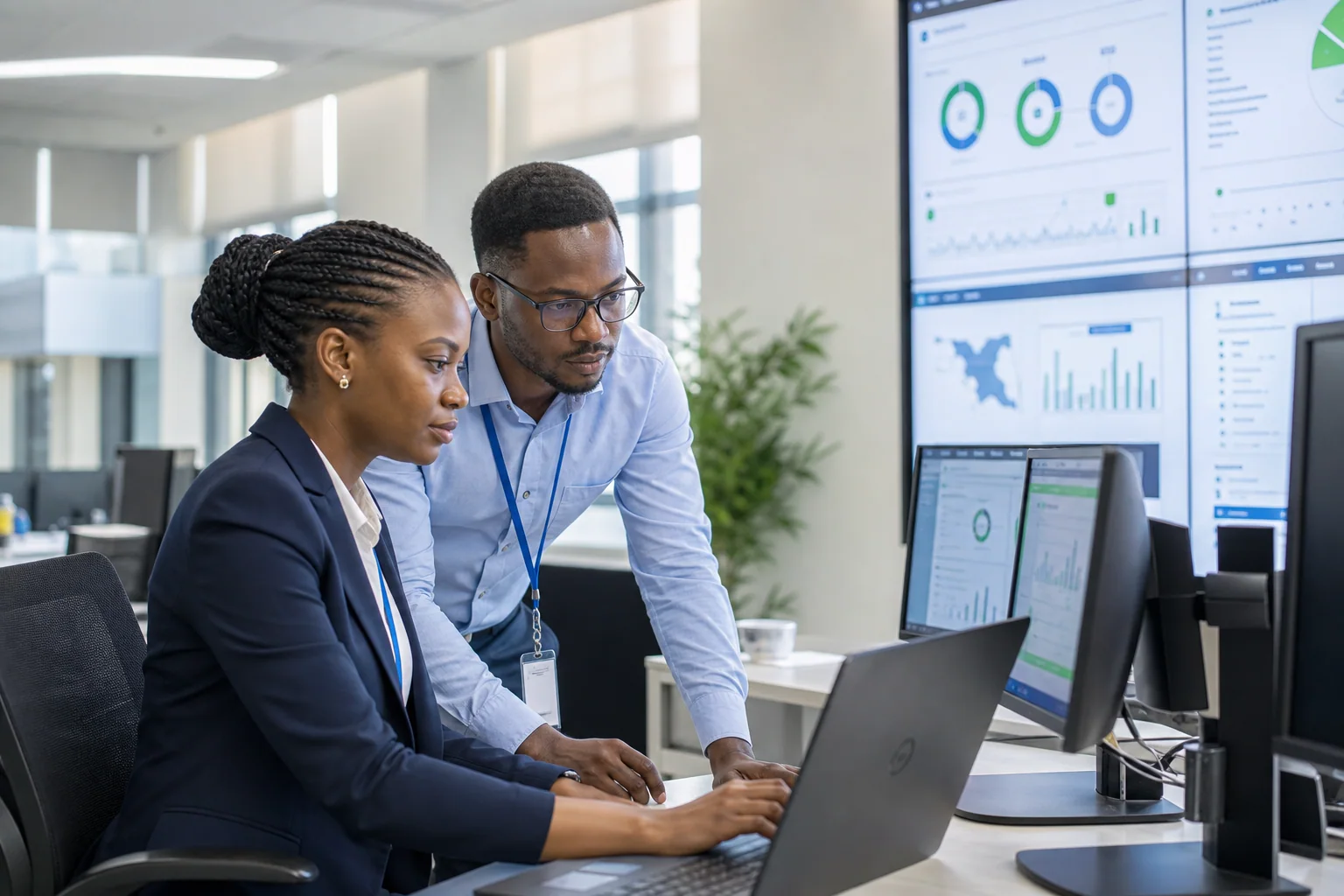 Tanzanian technology professionals reviewing secure reporting and operational dashboards